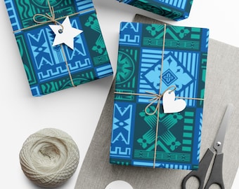 Blauw geometrisch patchwork cadeaupapier | Modern patroon cadeaupapier