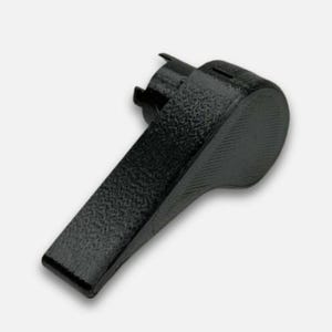 May include: A black plastic control lever featuring a textured surface on the handle and a circular base with a notched connector. The lever has a tapered shape and a rounded end, designed for mechanical operation on a compatible device or appliance.