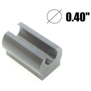 May include: A dark gray, cylindrical, C-shaped plastic clip with a flat base. The component features a longitudinal opening along its length. The text 0.40" is printed next to a diameter symbol, indicating the internal diameter of the clip.