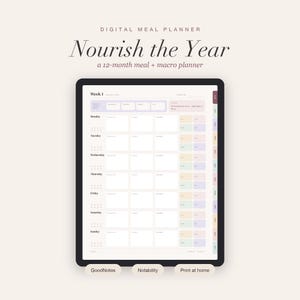 May include: A digital meal planner displayed on a tablet screen with the title Nourish the Year, a 12-month meal + macro planner. The interface features a weekly layout with sections for Monday through Sunday, macro tracking, and monthly tabs.