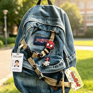 Op de afbeelding: Een blauwe JanSport-rugzak van denim met een verstelbare beige band en zwarte gespen aan de voorzijde. De tas is versierd met Spider-Man-bedels, een Oscorp-personeelsbadge en een rechthoekig geel label met rode tekst.