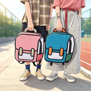 May include: Two cartoon-style backpacks with bold black outlines. One backpack is pink with a white front pocket and beige straps, while the other is blue with a white front pocket and orange straps. Both feature top handles and black zippers.