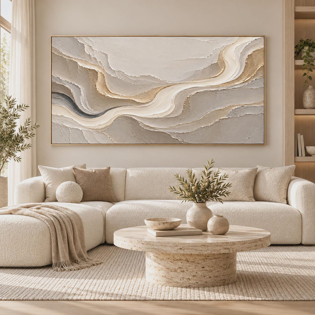 Neutral Abstract Painting Beige White Textured Wall Art Gold Gray 
