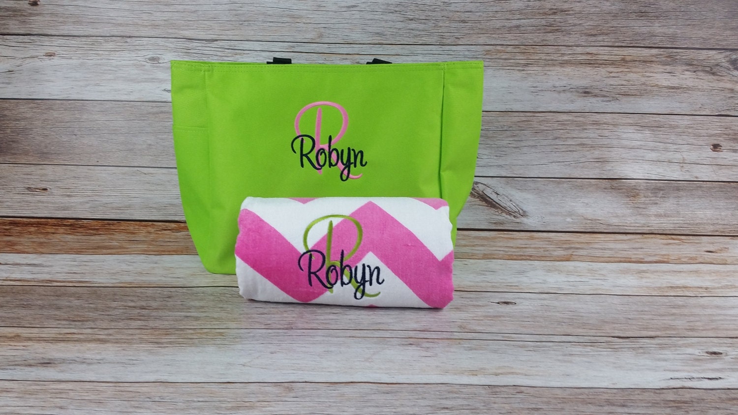 monogrammed beach bag and towel