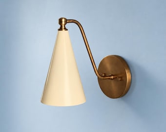 Handcrafted Brass Wall Sconce, Ivory Cone Shade, Mid-Century Modern Lighting