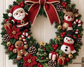 May include: A Christmas wreath featuring crocheted figures of Santa Claus, a reindeer, a snowman, and a gingerbread person. The wreath is decorated with a large red bow, red poinsettias, pinecones, candy canes, small gift boxes, and gold bells.