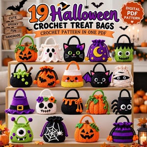May include: A digital PDF pattern for 19 Halloween crochet treat bags. The image displays various crocheted bags featuring designs like pumpkins, ghosts, black cats, mummies, skulls, monsters, and spiders in orange, black, purple, green, and white.