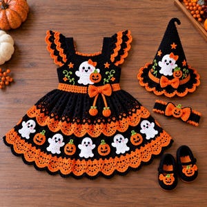 Può includere: Un vestito all'uncinetto nero e arancione con applicazioni di fantasmi bianchi e zucche arancioni, un cappello a punta abbinato, una fascia con fiocco a forma di zucca e un paio di scarpe nere con dettagli a zucca e bordi smerlati.