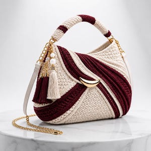 Può includere: Una borsa all'uncinetto con una combinazione di colori crema e bordeaux scuro, caratterizzata da un inserto in metallo dorato a forma di mezzaluna. La borsa include un manico all'uncinetto, una tracolla a catena dorata e nappe decorative.