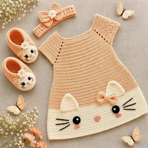 Può includere: Un vestito all'uncinetto color pesca e crema con un design a muso di gatto, baffi neri ricamati, occhi rotondi e un piccolo naso rosa. Il set include scarpine coordinate con dettagli floreali e una fascia per capelli con un grande fiocco.