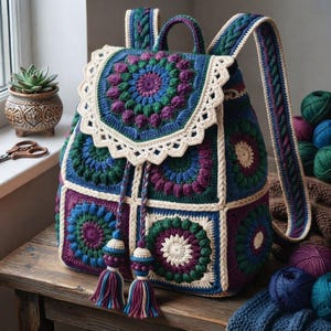 May include: A handcrafted crochet backpack featuring a colorful mandala-inspired flap and square motifs in shades of deep purple, forest green, and navy blue. The bag is accented with cream-colored trim, braided straps, and two decorative tassels.