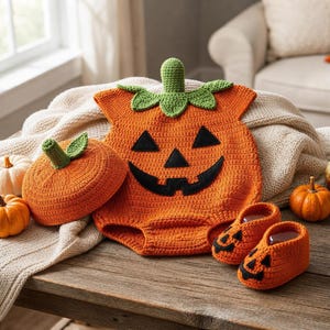 May include: A crochet pumpkin outfit set consisting of a sleeveless romper with a jack-o'-lantern face, a matching round hat with a green stem, and a pair of small booties with jack-o'-lantern faces, all crafted in orange and green yarn.