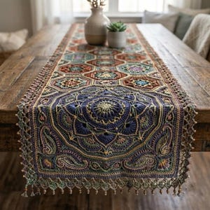 Pode incluir: Um caminho de mesa retangular de crochê com um motivo central de mandala azul-escura, rodeado por padrões hexagonais geométricos em tons de castanho, azul-petróleo e creme. As bordas são finalizadas com renda decorativa e pequenas contas.