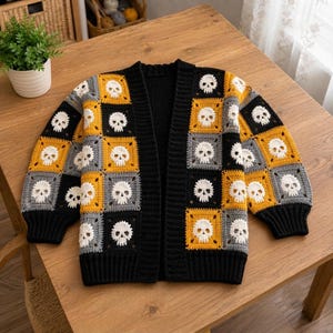 Skull Patchwork Cardigan Crochet Pattern PDF, Gothic Granny Square Sweater, Skeleton Jacket, Instant Download