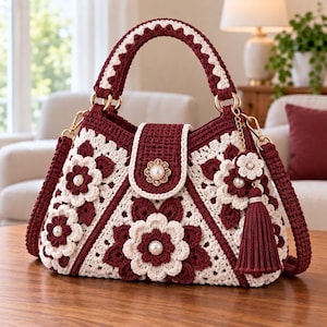 May include: A maroon and cream crochet handbag featuring a floral motif with pearl centers. The bag has a top handle, a detachable shoulder strap, a central flap closure with a decorative gold-tone pearl button, and a matching tassel charm.