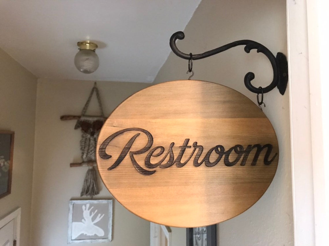 Restroom Bathroom double sided hanging sign with wrought iron Etsy