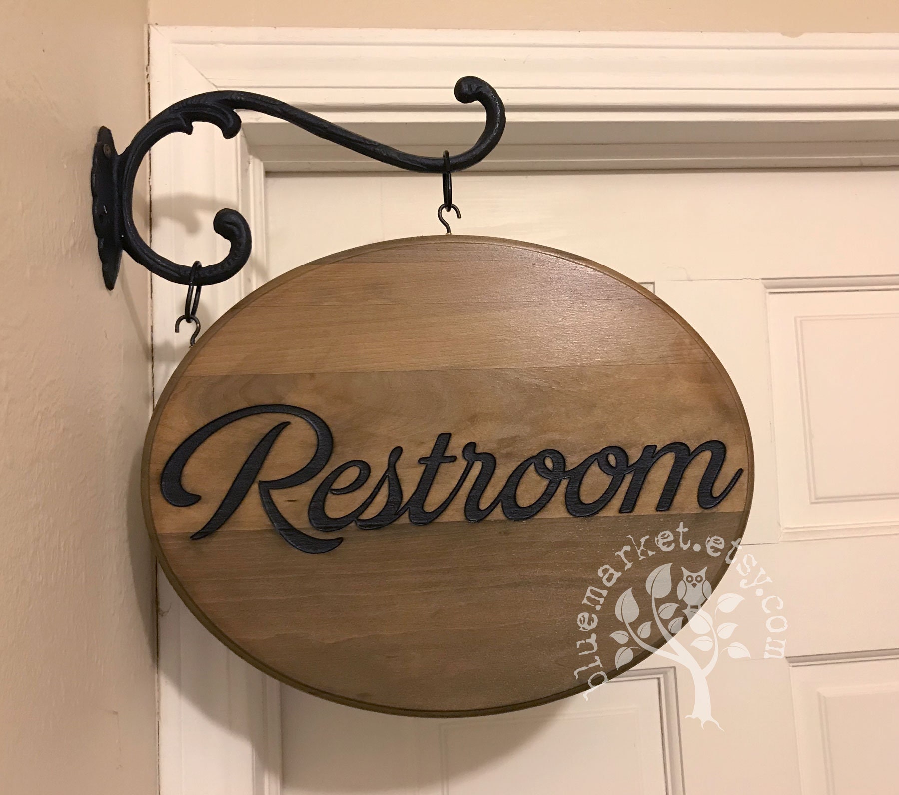 Restroom Bathroom Double Sided Hanging Sign With Wrought Iron Etsy