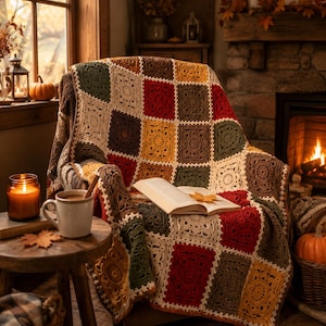 May include: A handmade crochet blanket featuring a patchwork design of square motifs in autumn colors including cream, mustard yellow, forest green, deep red, and dark brown, draped over a chair with an open book resting on the textured surface.