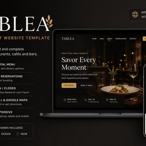 Peut inclure: Un affichage de produit numérique présentant le modèle de site web de restaurant TABLEA sur un écran d'ordinateur portable et de smartphone. Le design utilise une palette de couleurs sombres avec des accents dorés pour les menus et réservations.