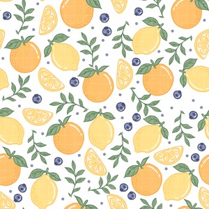 May include: A repeating pattern on a white background featuring orange citrus fruits, yellow lemons, lemon slices, and small dark blue berries. Green leafy stems are interspersed throughout the design, creating a balanced fruit-themed illustration.