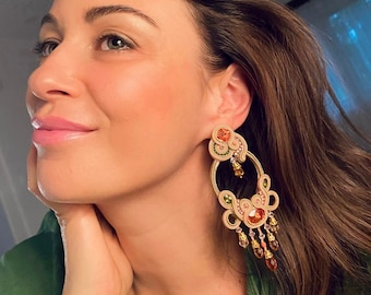 Hand Embroidered Soutache Earrings with Swarovski Crystals