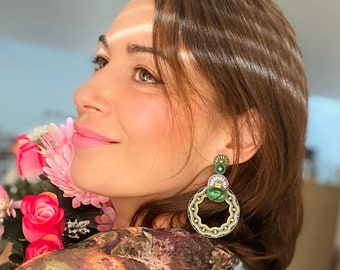 Hand-Embroidered Soutache Statement Earrings, Green Swarovski Beads