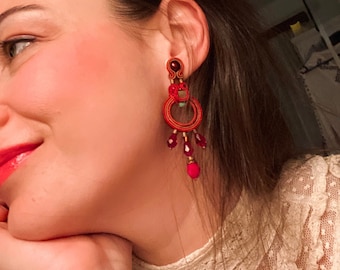 Red Soutache Earrings, Swarovski Crystal Dangle Earrings