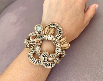 Soutache Statement Bracelet: Gold Swarovski Crystal Embroidered Bangle
