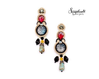 Hand Embroidered Soutache Earrings, Crystal & Miyuki Beads