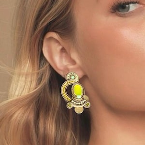 Embroidered earrings. Soutache earrings. Neon green  earrings. Soutache earrings. Soutache jewelry. Stud earrings. Handmade gift.