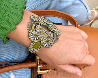Handmade Sage Green Soutache Bracelet: Swarovski Crystals, OOAK Design