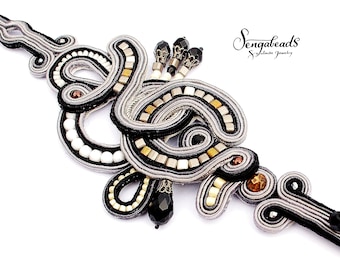 Bracelet soutache fait main : cristaux Swarovski, noir, crème et gris