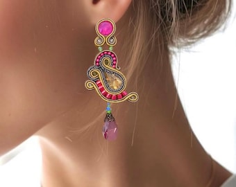 Hand Embroidered Soutache Dangle Earrings with Swarovski Crystals – Pink Statement Jewelry