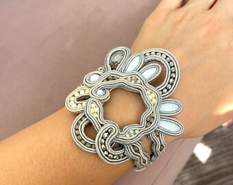 Hand Embroidered Silver Soutache Bracelet with Swarovski Crystals