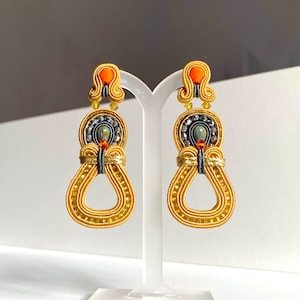 Yellow Soutache Earrings, Swarovski Crystal, Long Chandelier Design