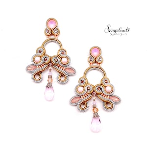 Earrings with powder pink Swarovski beads. Statement earrings. Pink earrings. Dangle earrings.Gray earrings.Bridal earrings. Soutache bijoux