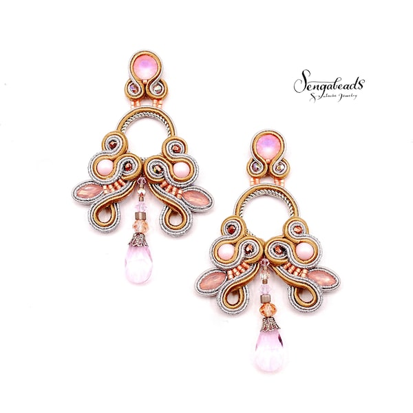 Earrings with powder pink Swarovski beads. Statement earrings. Pink earrings. Dangle earrings.Gray earrings.Bridal earrings. Soutache bijoux