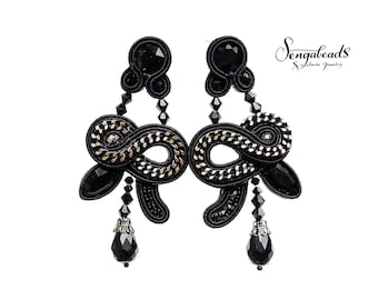 Handmade Black Soutache Earrings, Swarovski Crystal Dangles