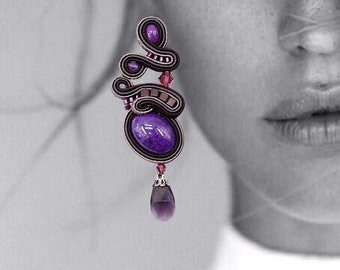 Statement earrings with purple jade gemstones. Soutache earrings. Stud earrings. Purple earrings. Gemstone earrings. Long earrings.