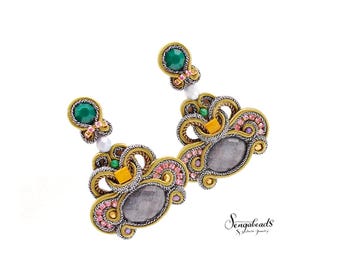 Hand Embroidered Soutache Dangle Earrings, Swarovski Crystals