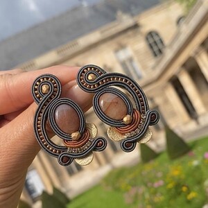 Embroidered earrings. Soutache earrings. Gemstone earrings. Luxurios earrings. Soutache jewelry. Stud earrings. Handmade gift.