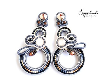 Long earrings. Soutache earrings. Black and white earrings. Soutache jewelry. Luxury earrings. Black earrings.