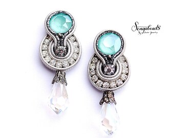Mint green earrings. Swarovski earrings. Soutache earrings. Stud earrings. Dangle earrings. Gift for women. Statement earrings.Drop earrings