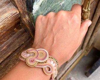 Hand Embroidered Soutache Jewelry Set: Pink & Gold Bracelet Earrings