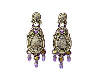Hand Embroidered Soutache Statement Earrings: Swarovski Crystals, Olive Green