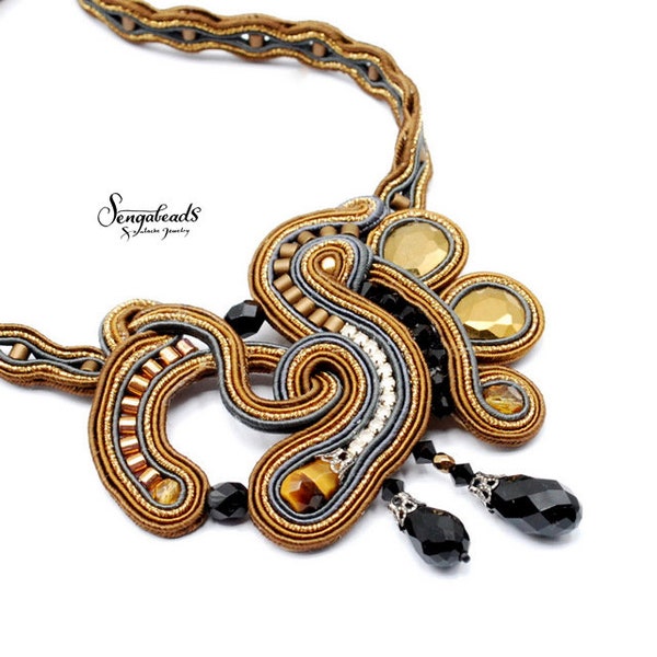 Soutache necklace in metallic old gold,brown and gray. Art deco necklace. Wearable art. Soutache bijoux. Soutache necklace.