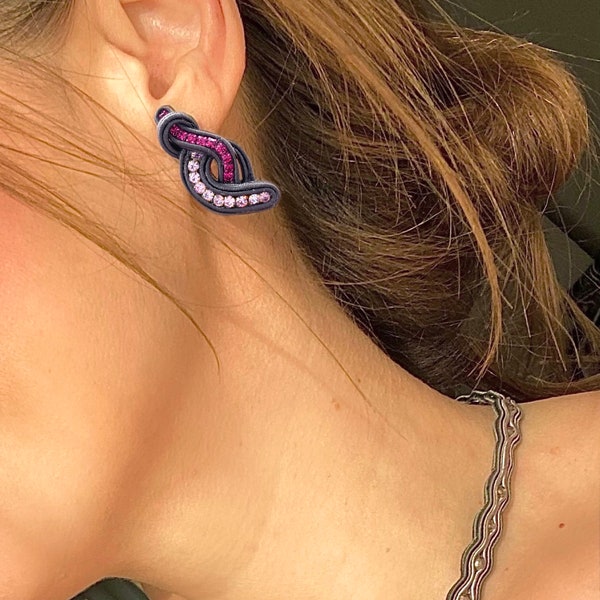 Stud earrings. Embroidered earrings. Purple earrings. Design earrings. Gray earrings. Soutache bijoux. Soutache jewelry. Small earrings.