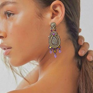 Statement earrings. Swarovski earrings. Soutache earrings. Olive green earrings. Colorful earrings. Artisan jewelry. Luxurious earrings.