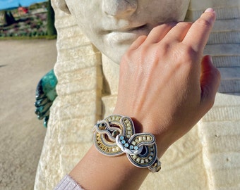 White and Gold Soutache Bracelet, Beaded Artisan Jewelry