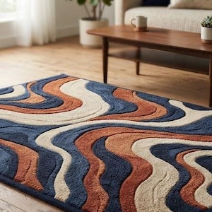 Artisan Retro Swirl Tufted Area Rug – Mid-Century Modern Wavy Sculpted 3D Pile Carpet